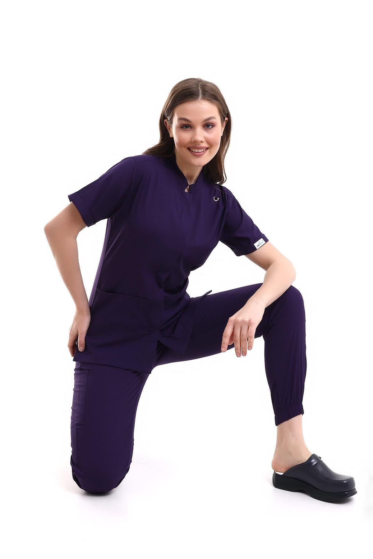 V Flex Likralı Hemşire Forması Mor