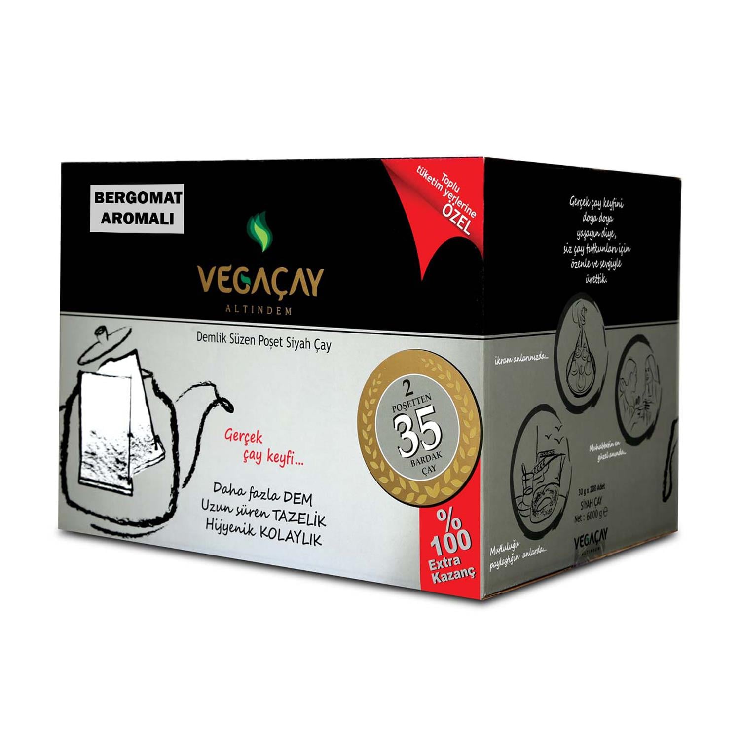 Vega Çay Altındem Demlik Süzen Bergomatlı Poşet Çay 6000Gr (200 Adet x 30Gr)
