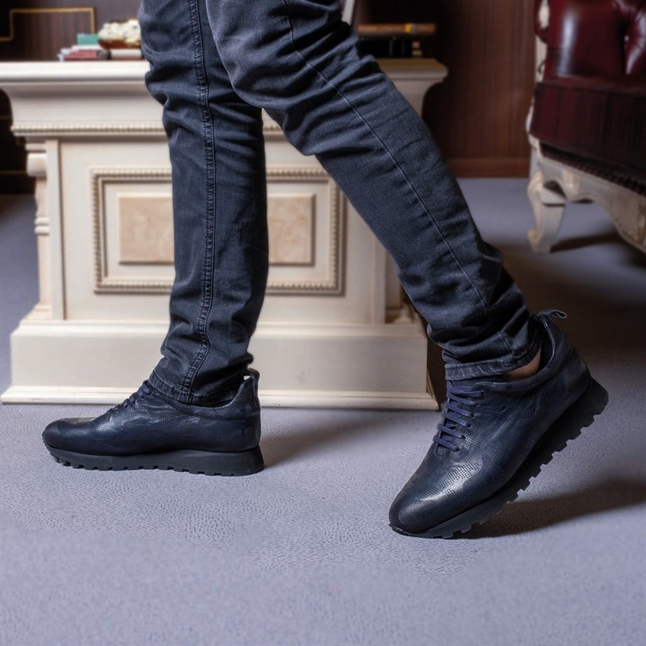 Milano Stil Hakiki Deri Handmade Lacivert Erkek Sneaker Ayakkabı - Guardi