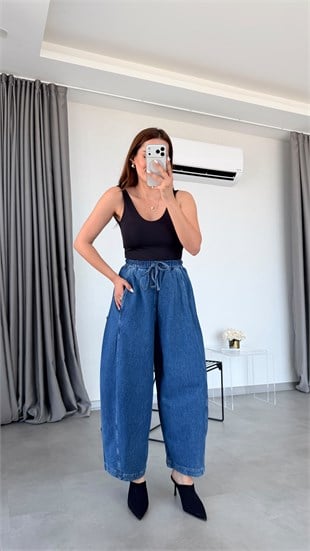 Mavi Majuro Beli Lastikli Yumuşak Kumaş Balon Kot Pantolon