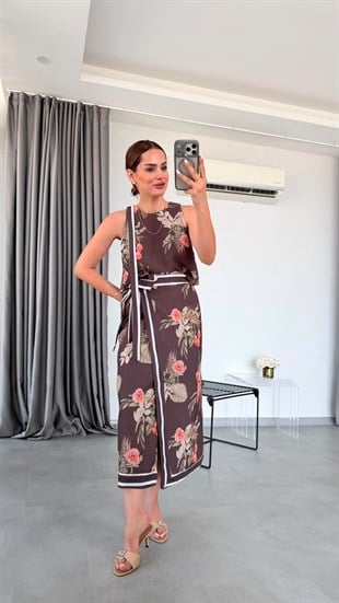 Kahve Naxos Çiçek Desenli Crop Etek Takım
