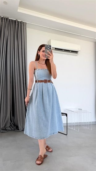 Buz Mavisi Denim Kemer Detaylı Uzun Elbise