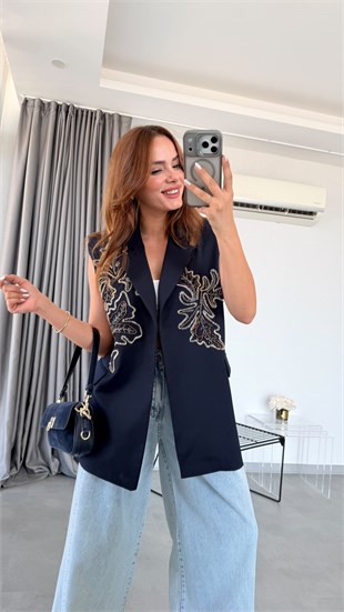 Lacivert Havana Nakış İşlemeli Premium Yelek