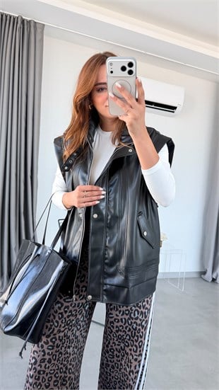Siyah Leon Premium Oversize Deri Yelek