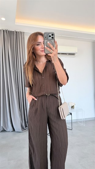 Kahve Palermo Çizgi Desenli Gömlek Pantolon Takım