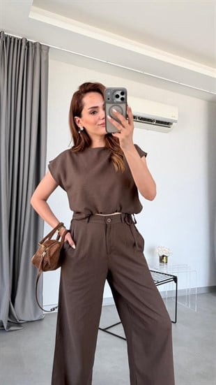 Kahve Hila Bağlama Detaylı Keten Takım