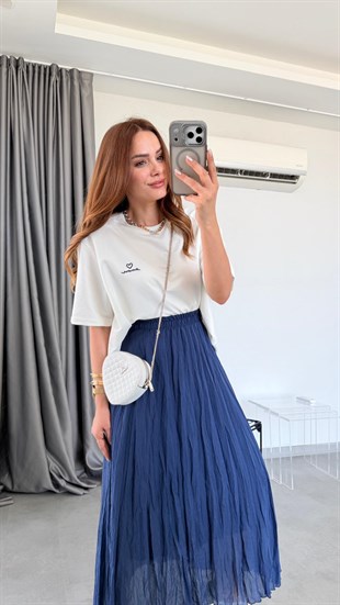 Lacivert Lima Pileli Etekli T-Shirt Takım