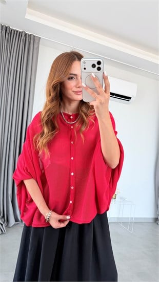 Kırmızı Vilan Transparan Pelerinli Hırka
