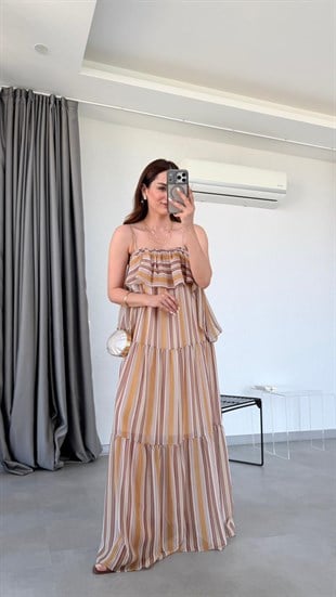 Hardal Çizgili Şifon Elbise