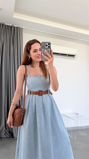 Buz Mavisi Denim Kemer Detaylı Uzun Elbise