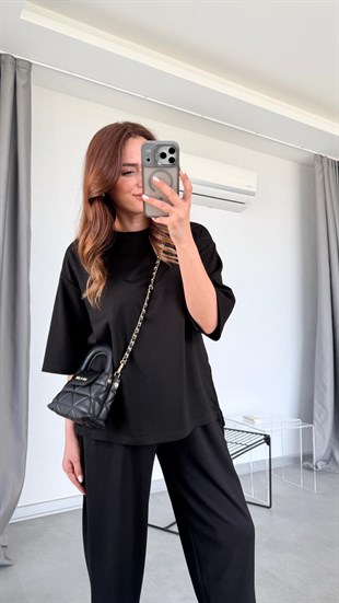 Siyah Daisy Yanları Yırtmaçlı Modal Takım