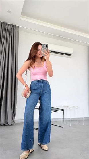 Koyu Mavi Zafir Taş Detaylı Pantolon