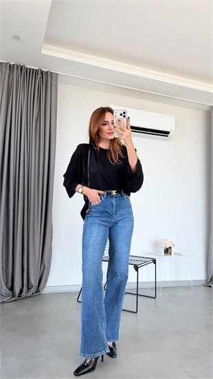Mavi Geneva Yüksek Bel Geniş Paça Jean