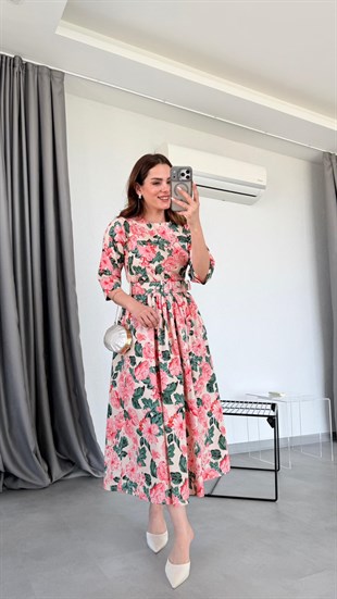 Bej Erica Çiçek Desenli Kemerli Elbise
