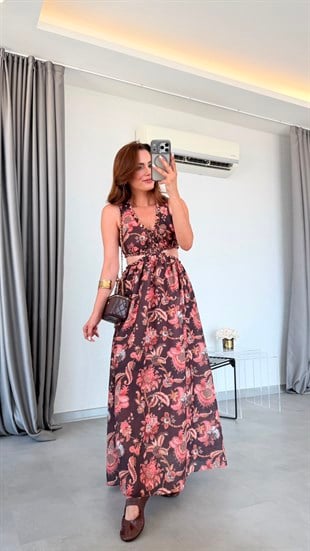 Çiçek Desenli Zena Bel Dekolteli Elbise