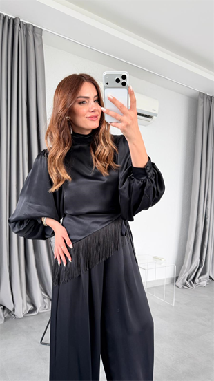 Camenta Balon Kol Boyundan Bağlamalı Saten Bluz Pantolon Takım