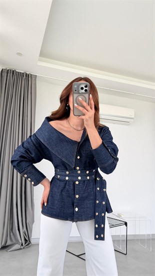 Lacivert Carla Tasarım Model Kemerli Gömlek