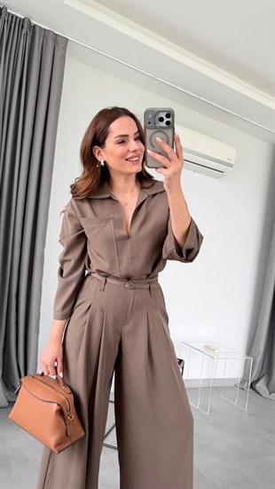 Haki Chen Dikişli Kemer Detaylı Bluz Pantolon Takım
