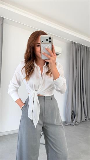 Mina Kruvaze Bağlama Detaylı Saten Gömlek