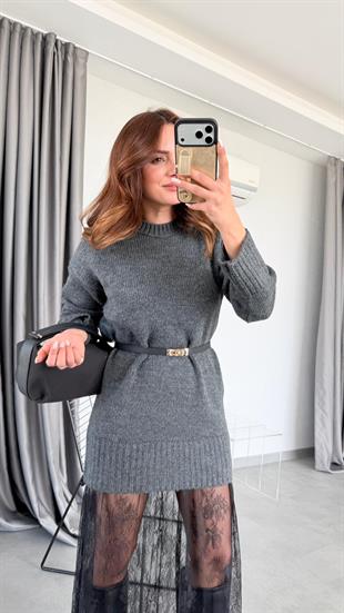 Etek Ucu Tül Detaylı Triko Elbise