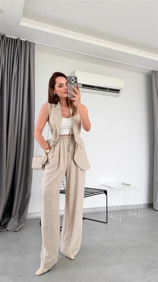 Bej Siyah Debra Kemerli Salaş Pantolon