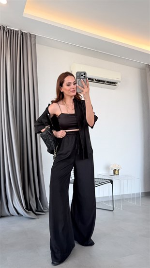 Siyah Yannefer Cep Detaylı Gömlek Pantolon Takım