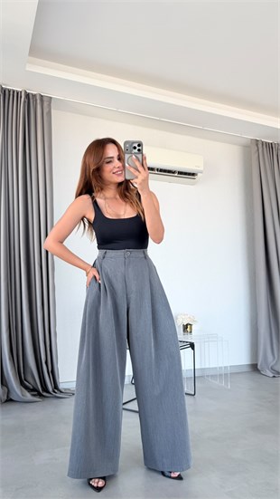 Gri Mariel Pile Detaylı Palazzo Pantolon