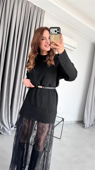 Etek Ucu Tül Detaylı Triko Elbise