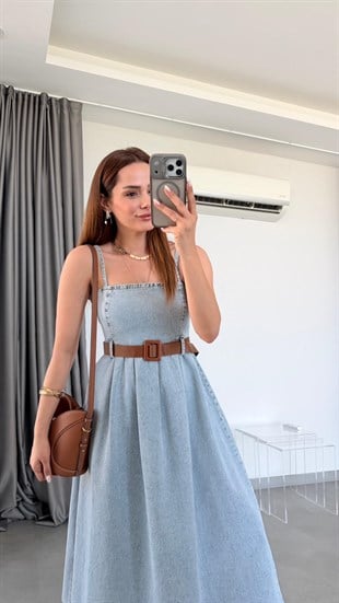 Buz Mavisi Denim Kemer Detaylı Uzun Elbise