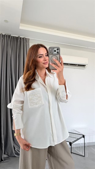 Bej Mirel Cebi Nakış İşlemeli Gömlek