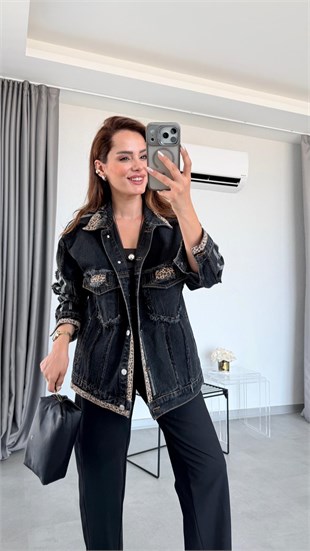 Siyah Elanor Leopar Desen Detaylı Ceket