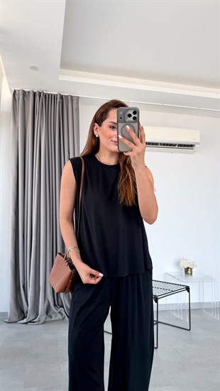 Siyah Avalon Paçası Lastikli Salaş Modal Takım