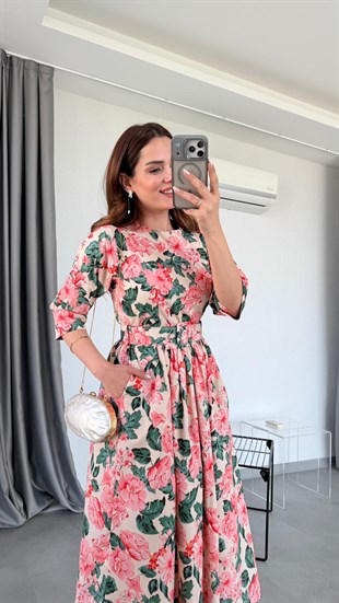 Bej Erica Çiçek Desenli Kemerli Elbise