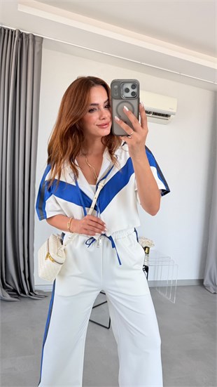 Beyaz Vintage Şerit Detaylı Kapüşonlu Takım