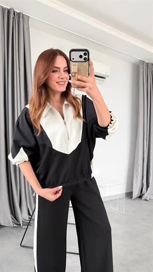 Paraşüt Detaylı Siyah Beyaz Garnili Spor Takım