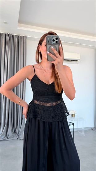 Siyah Havana Askılı Dantelli Crop