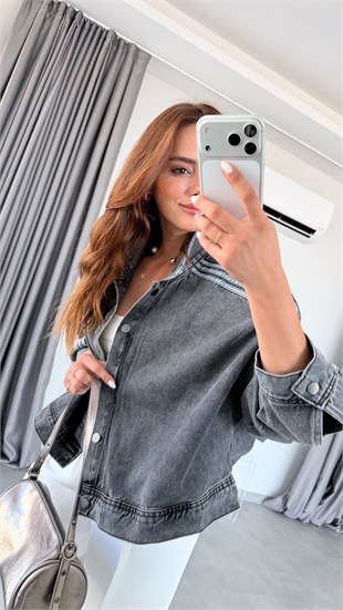 Gri Marlea Şeritli Denim Ceket