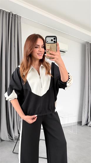 Paraşüt Detaylı Siyah Beyaz Garnili Spor Takım