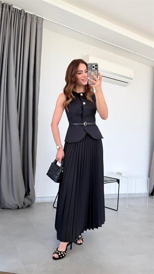 Siyah Kemerli Piliseli Etek Yelek Takım