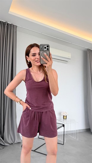 Bordo Leila Kalın Askılı Modal Şort Takım