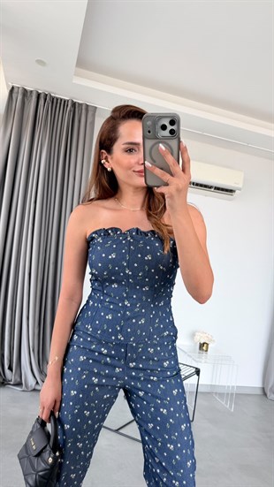 Lacivert Dida Straplez Bluz Pantolon Takım