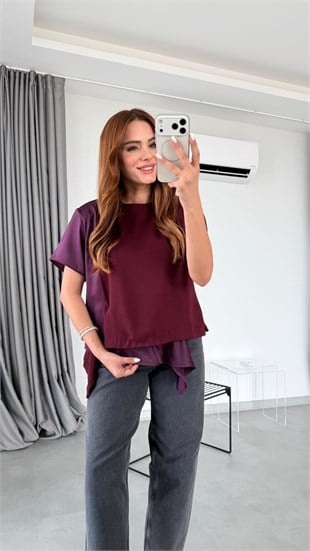 Bordo Riberta Garnili Saten Bluz