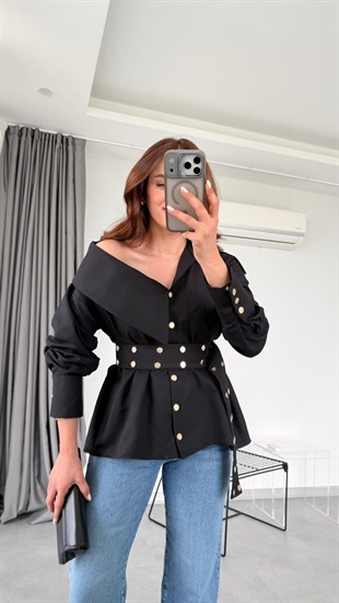 Siyah Carla Tasarım Model Kemerli Gömlek