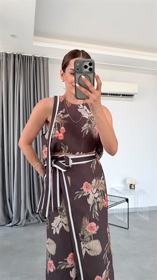Kahve Naxos Çiçek Desenli Crop Etek Takım