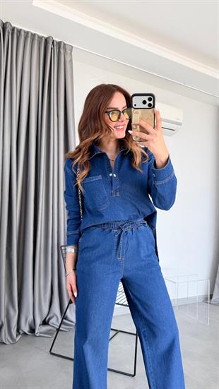 Yırtmaç Detaylı Denim Takım