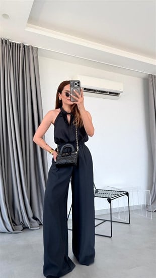 Siyah Castor Halter Yaka Bluz Pantolon Takım