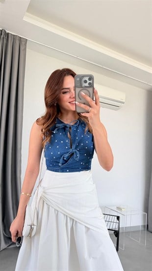 Mavi Seul Fiyonk Detaylı Yelek