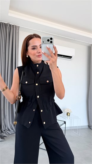 Siyah Blois Dik Yaka Bel Lastikli Takım