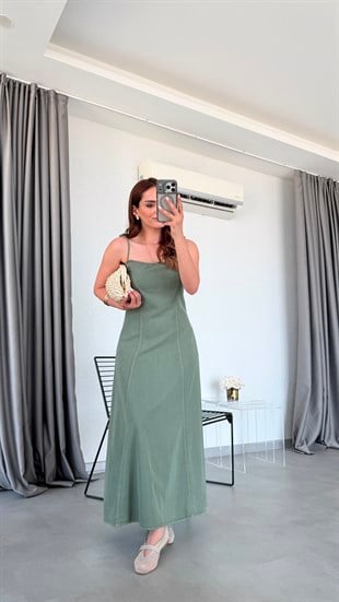 Haki Luton İp Askılı Elbise