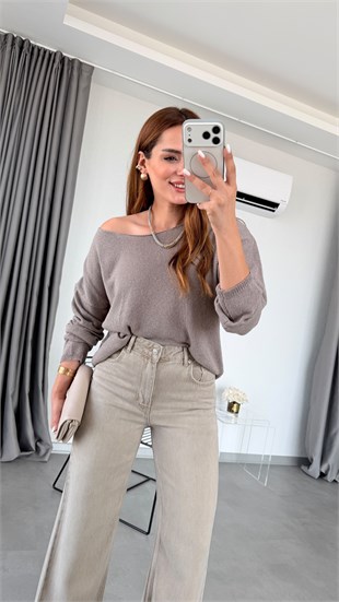 Bej Weno Ekstra Wideleg Denim Pantolon